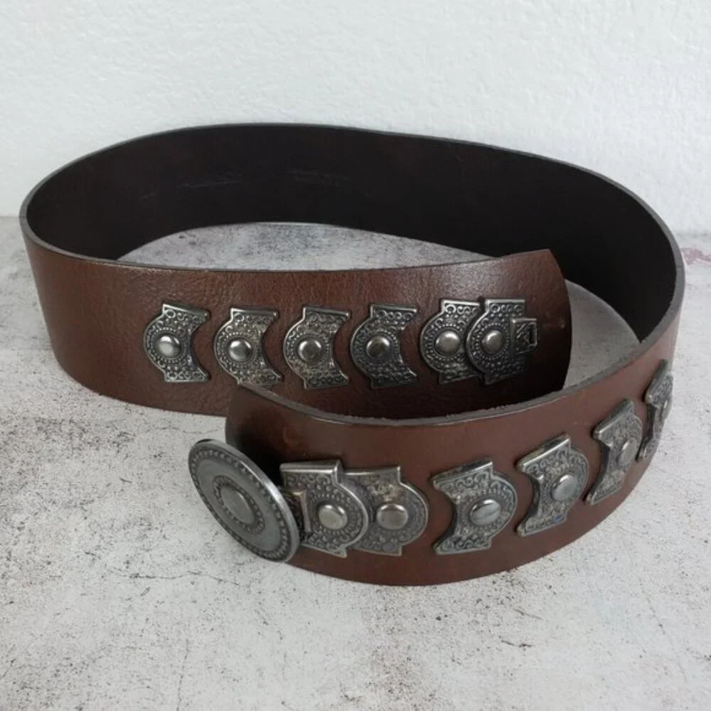 Vintage Avignon Brown Leather Embellished Metalwork Wide Belt size M Bohemian - Picture 5 of 10